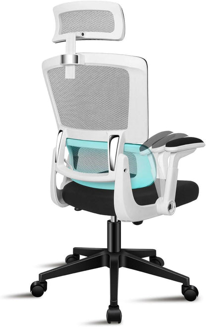 Ergonomischer Bürostuhl Weiß, Verstellbare Kopfstütze, Armlehnen