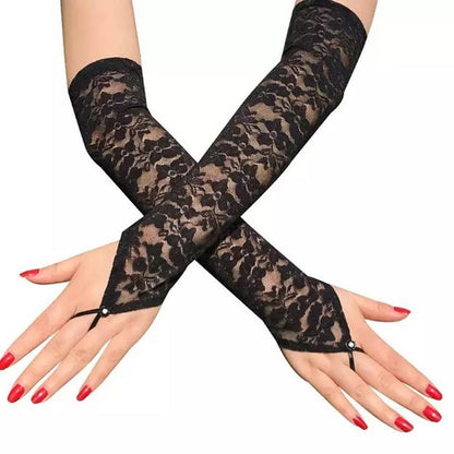 Damen Fingerlose Spitze Handschuhe – Lange Netz Schnürhandschuhe
