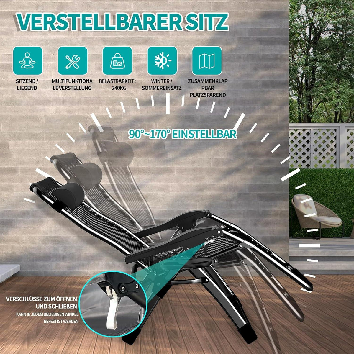Liegestuhl Klappbar Sonnenliege Gartenliege Ergonomisch 240kg