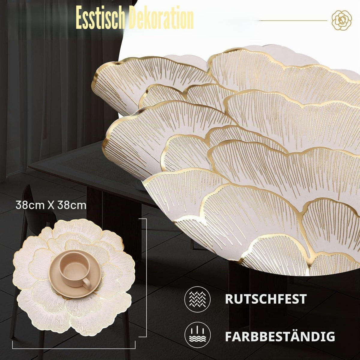 Goldene Platzsets 6er Set – Abwaschbare Pfingstrosen Tischsets 38cm