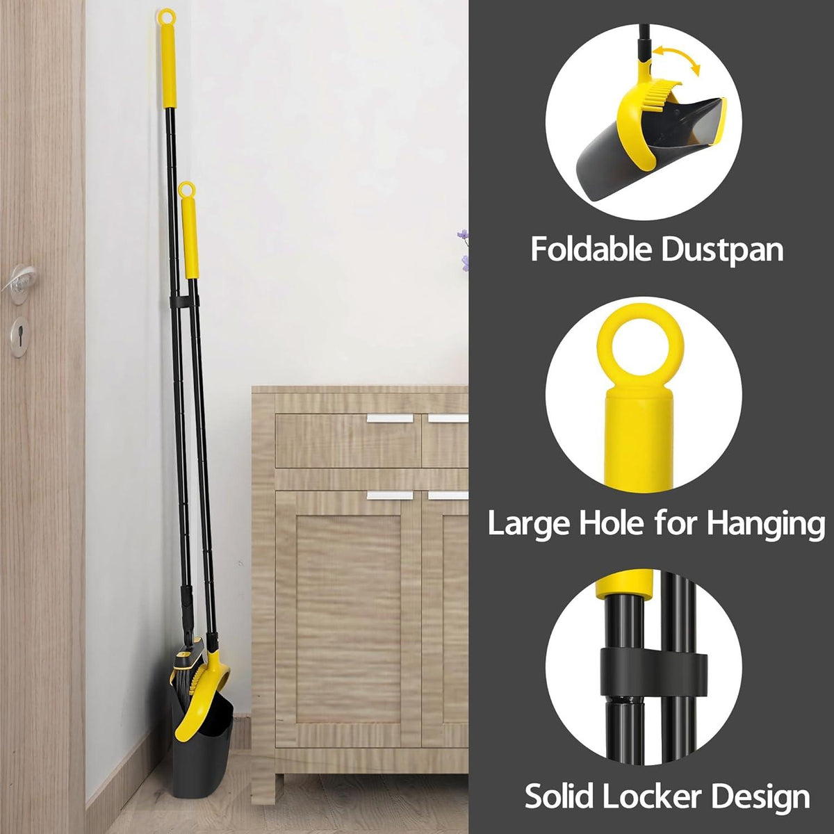 Besen und Kehrschaufel Set Langstielig 138cm 180 Grad drehbar Schwarz