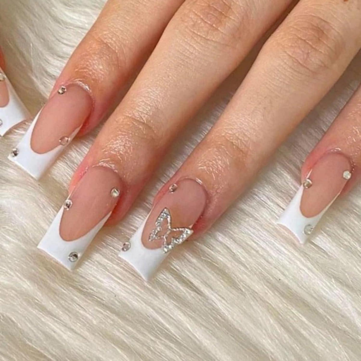 Künstliche Nägel Schmetterling Motiv – Lange Press On Nails Weiß
