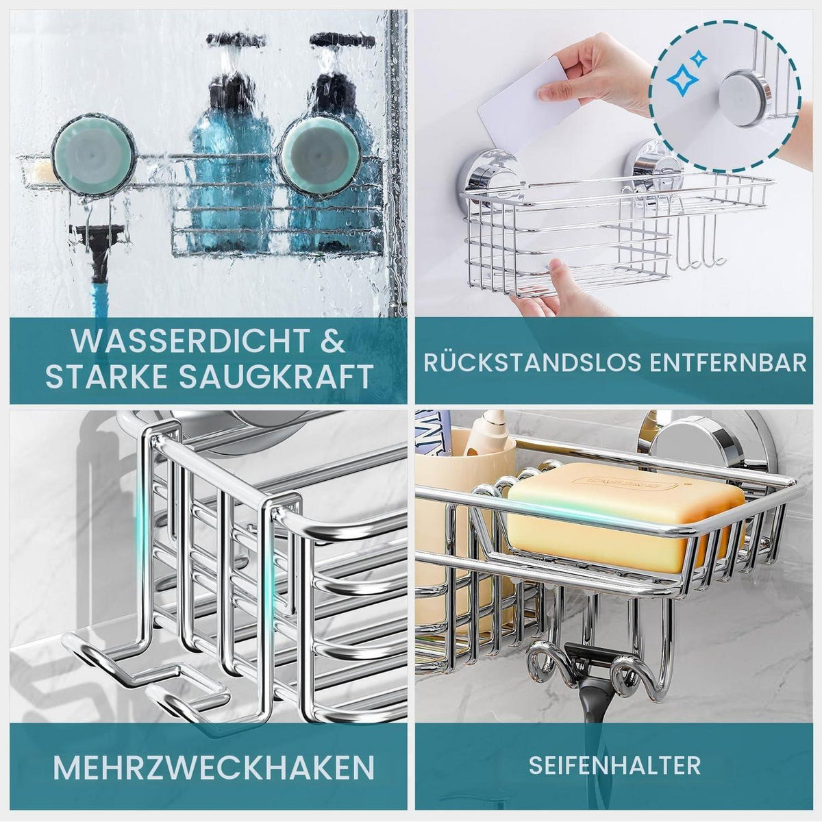 Duschablage ohne Bohren | Rostfreier Edelstahl | Starker Saugnapf