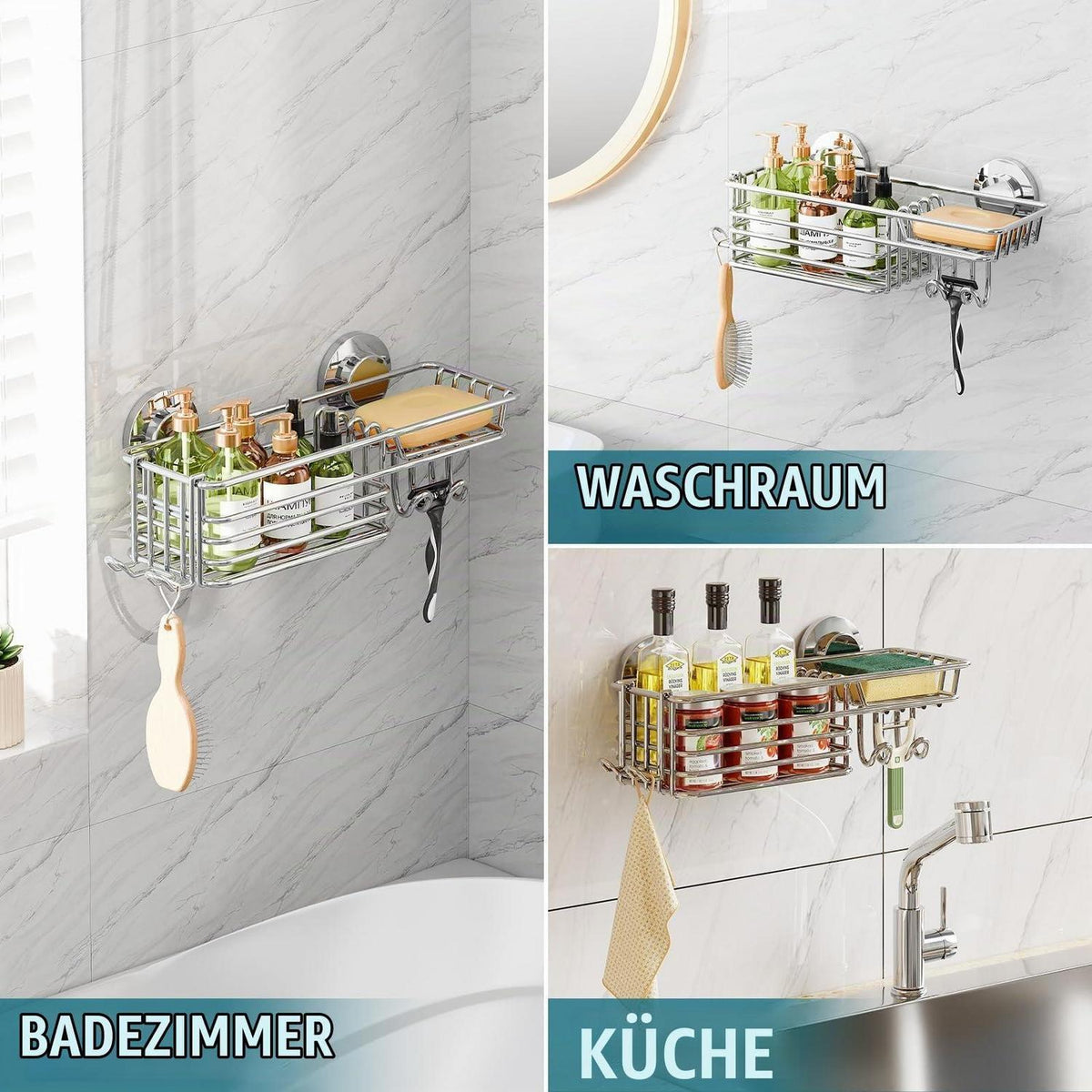 Duschablage ohne Bohren | Rostfreier Edelstahl | Starker Saugnapf
