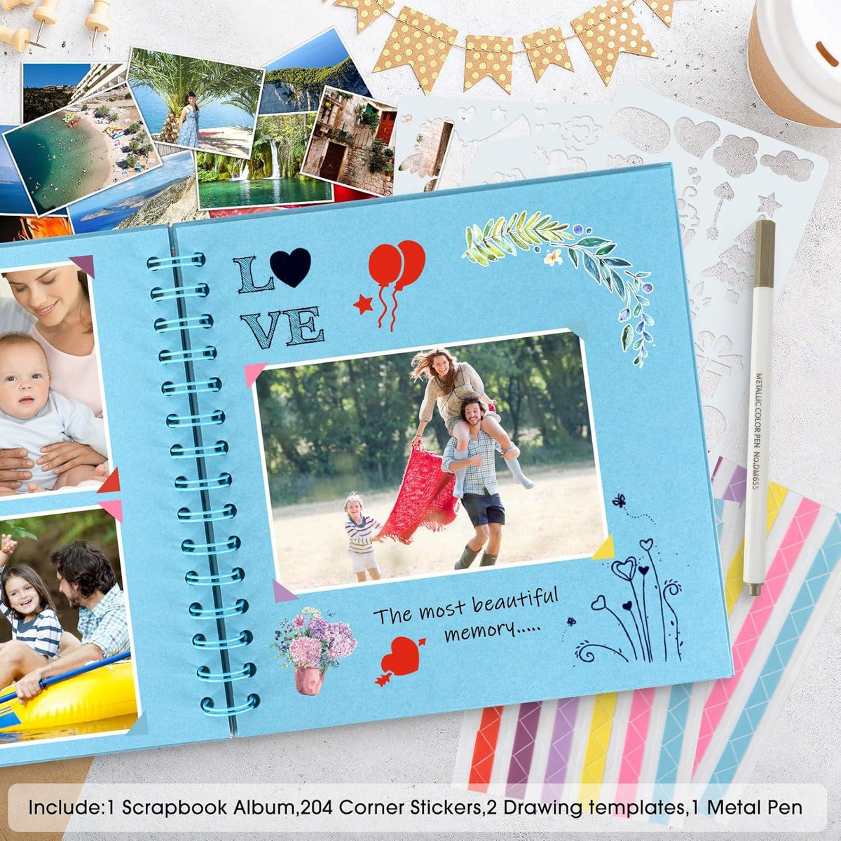 Fotoalbum 24x24cm, DIY Spiralalbum Scrapbook Album 80 Seiten Fotobuch, Gästebuch Hochzeit Blau