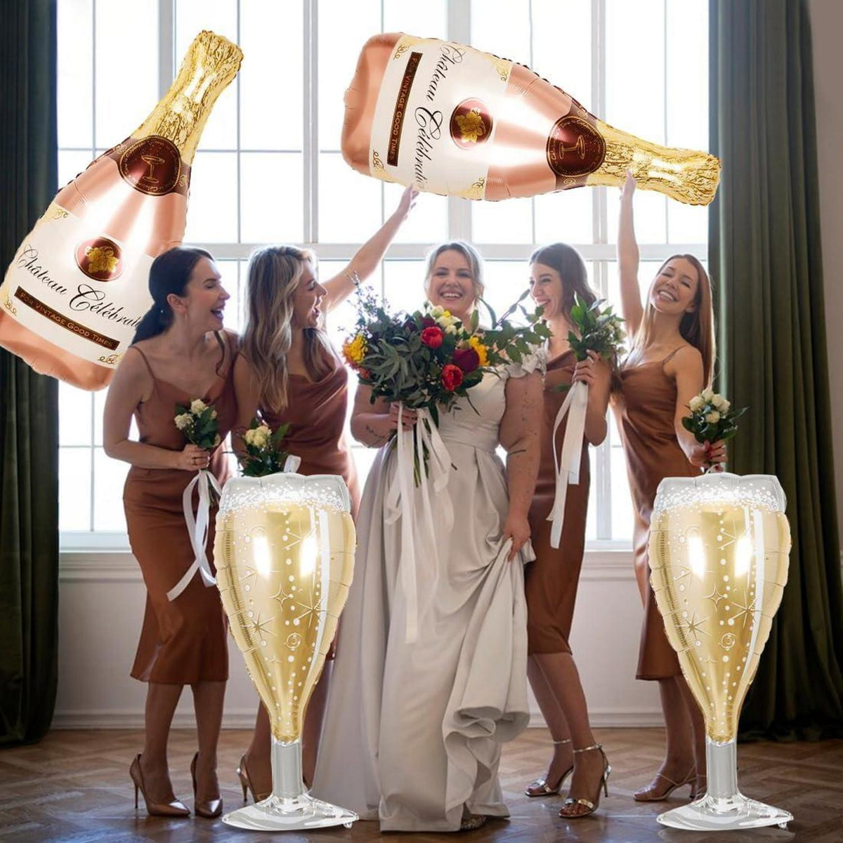 4er Set XXL Champagner und Weinglas Folienballons Rosegold