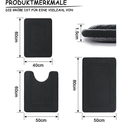 3-teiliges Badezimmerteppich Set Schwarz – Weiche Memory Foam