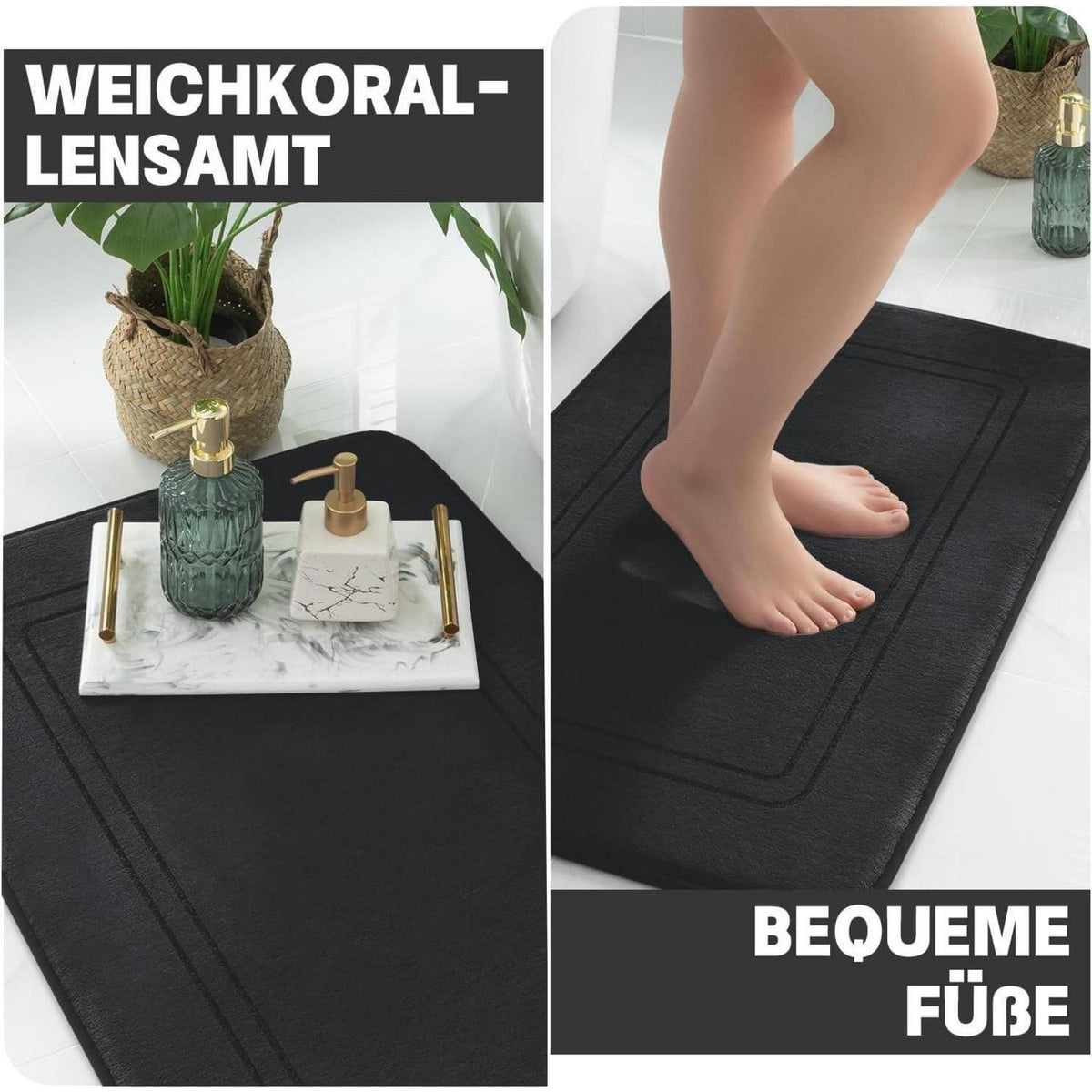 3-teiliges Badezimmerteppich Set Schwarz – Weiche Memory Foam