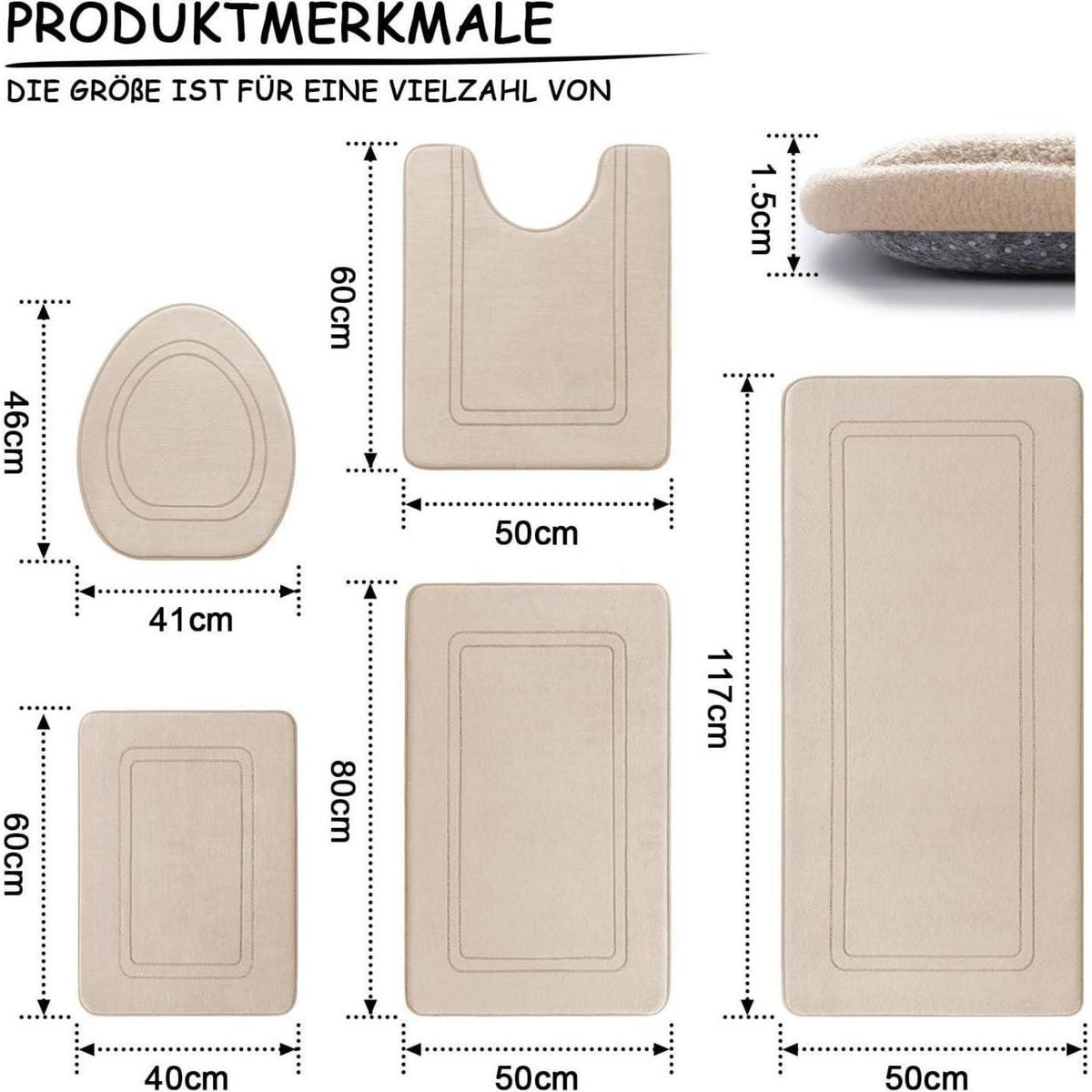 5-teiliges Badezimmerteppich Set Beige – Weiche Memory Foam