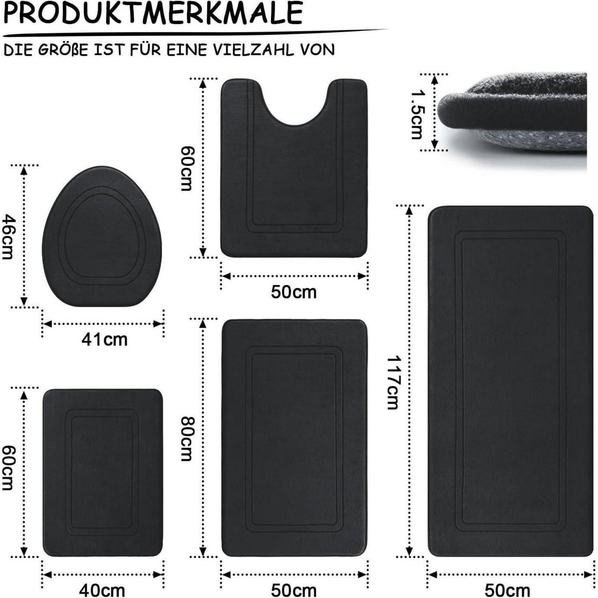 5-teiliges Badezimmerteppich Set Schwarz – Weiche Memory-Schaum Badematten