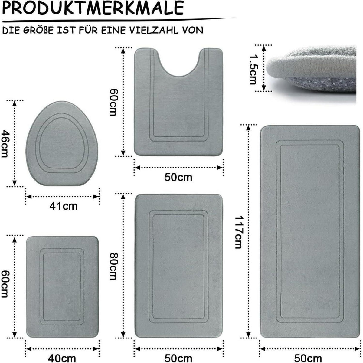 5-teiliges Badezimmerteppich Set Grau – Weiche Memory Foam Matten