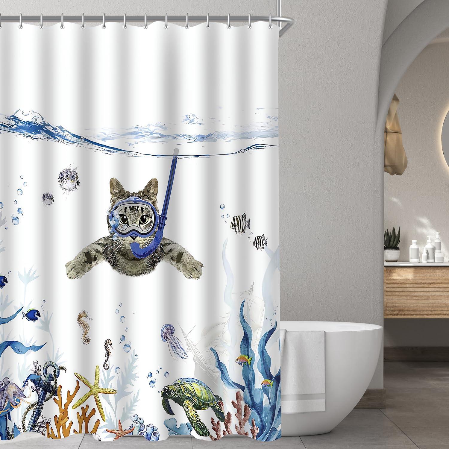 Duschvorhang 100x200cm Katzenschwimme Antischimmel Textil Wasserabweisend Polyester Badevorhang 150x200 samt 6 Ösen Badezimmer Multi 151 H200 x B100