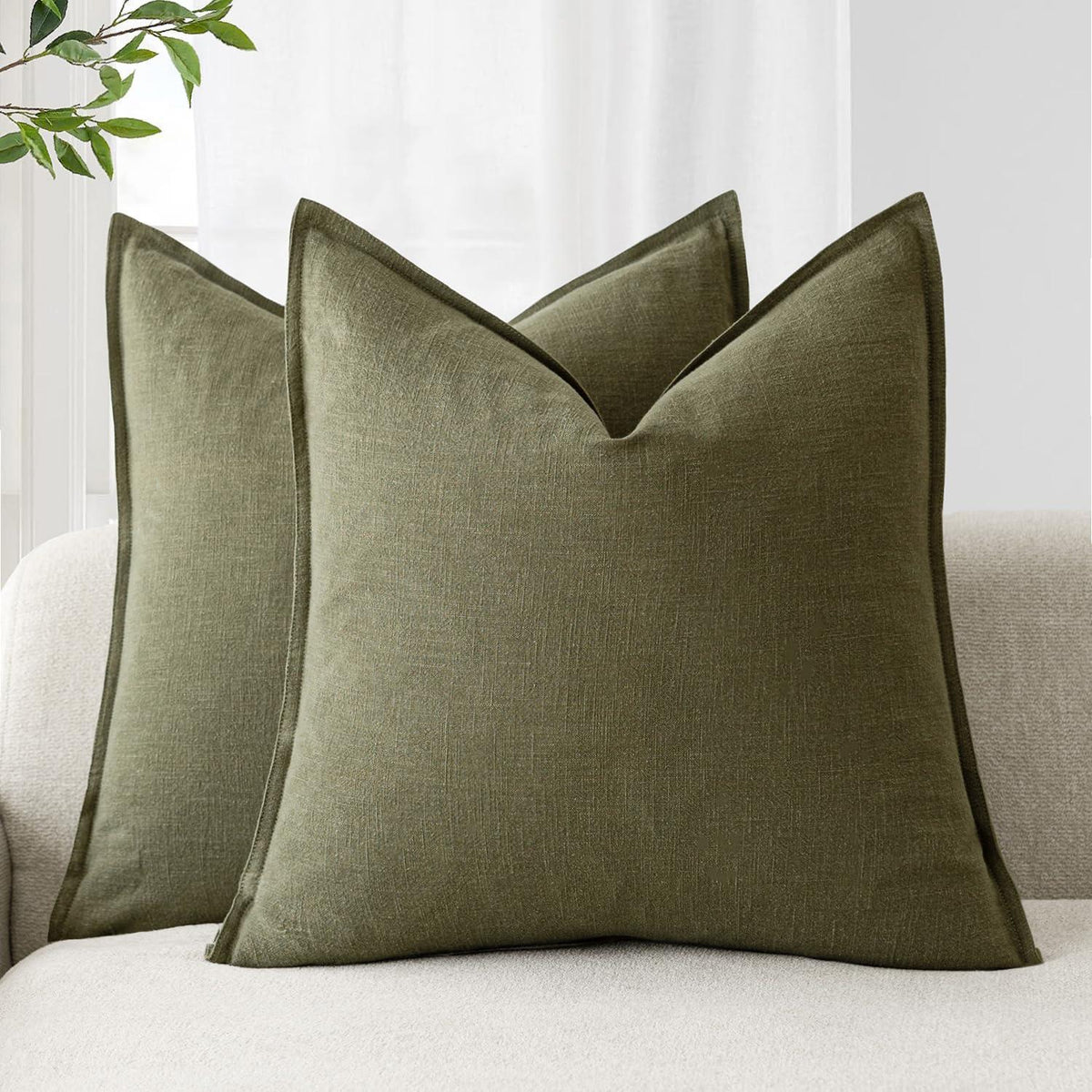 Olivgrüne Leinen Kissenbezüge 40x40 cm - Boho Deko Set 2er