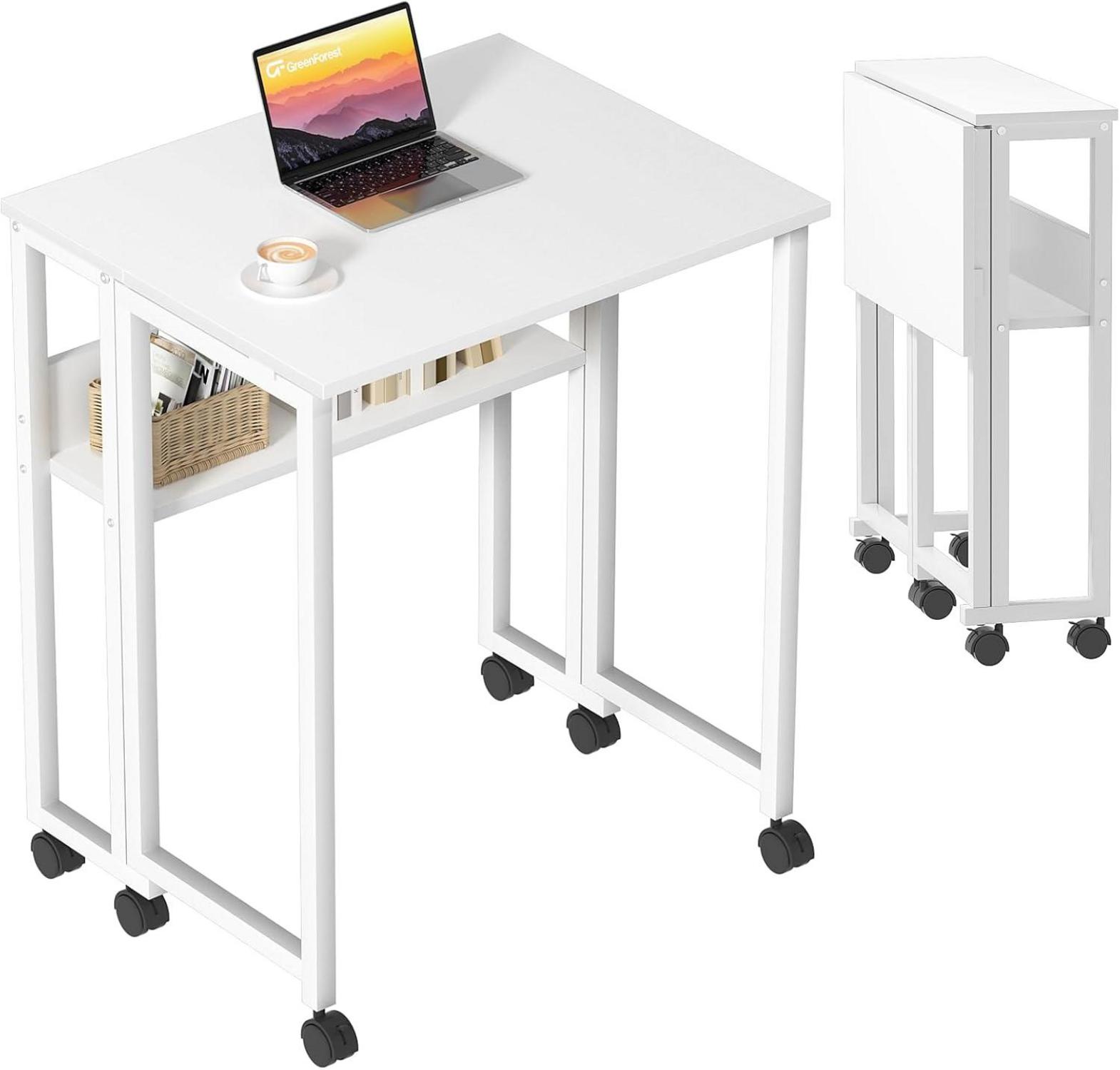 Klappbarer Schreibtisch 63 cm Weiß mit Rollen und Stauraum