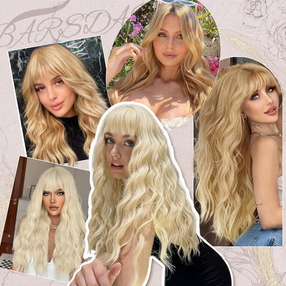 Lange Blonde Gewellte Perücke mit Pony 66cm Synthetik Cosplay Halloween