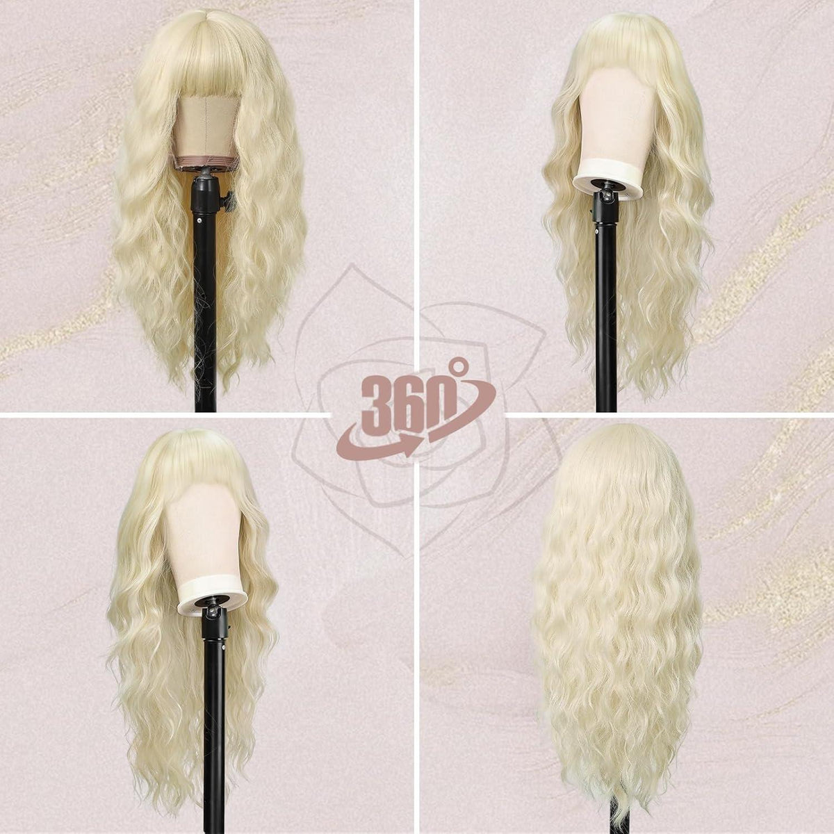 BARSDAR Lange Platinblond Wellen Perücke mit Pony 66cm - Synthetische Haarperücke für Frauen - Cosplay Party Halloween