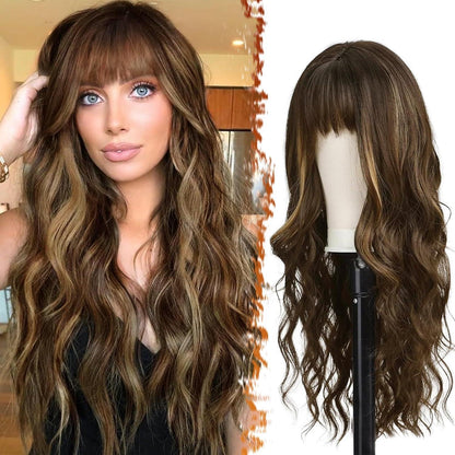 Lange Gewellte Highlight Perücke mit Pony - Braun Mix Blond