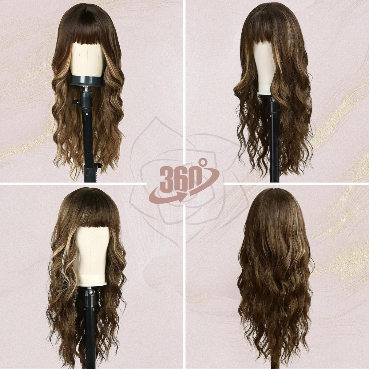 Lange Gewellte Highlight Perücke mit Pony - Braun Mix Blond