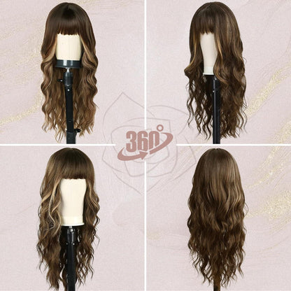 Lange Gewellte Highlight Perücke mit Pony - Braun Mix Blond
