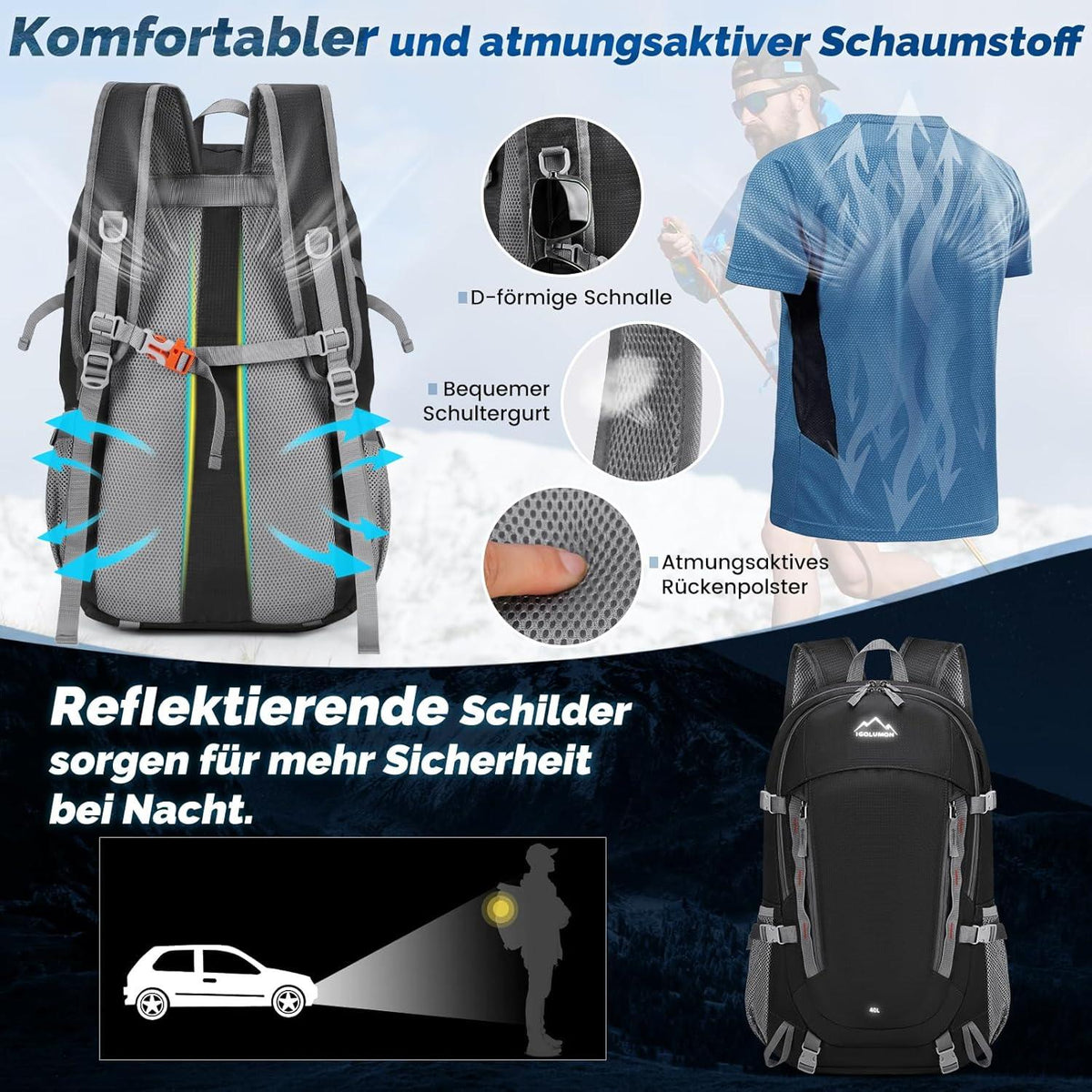 Wanderrucksack 40L Wasserdichter Trekkingrucksack Outdoor Schwarz
