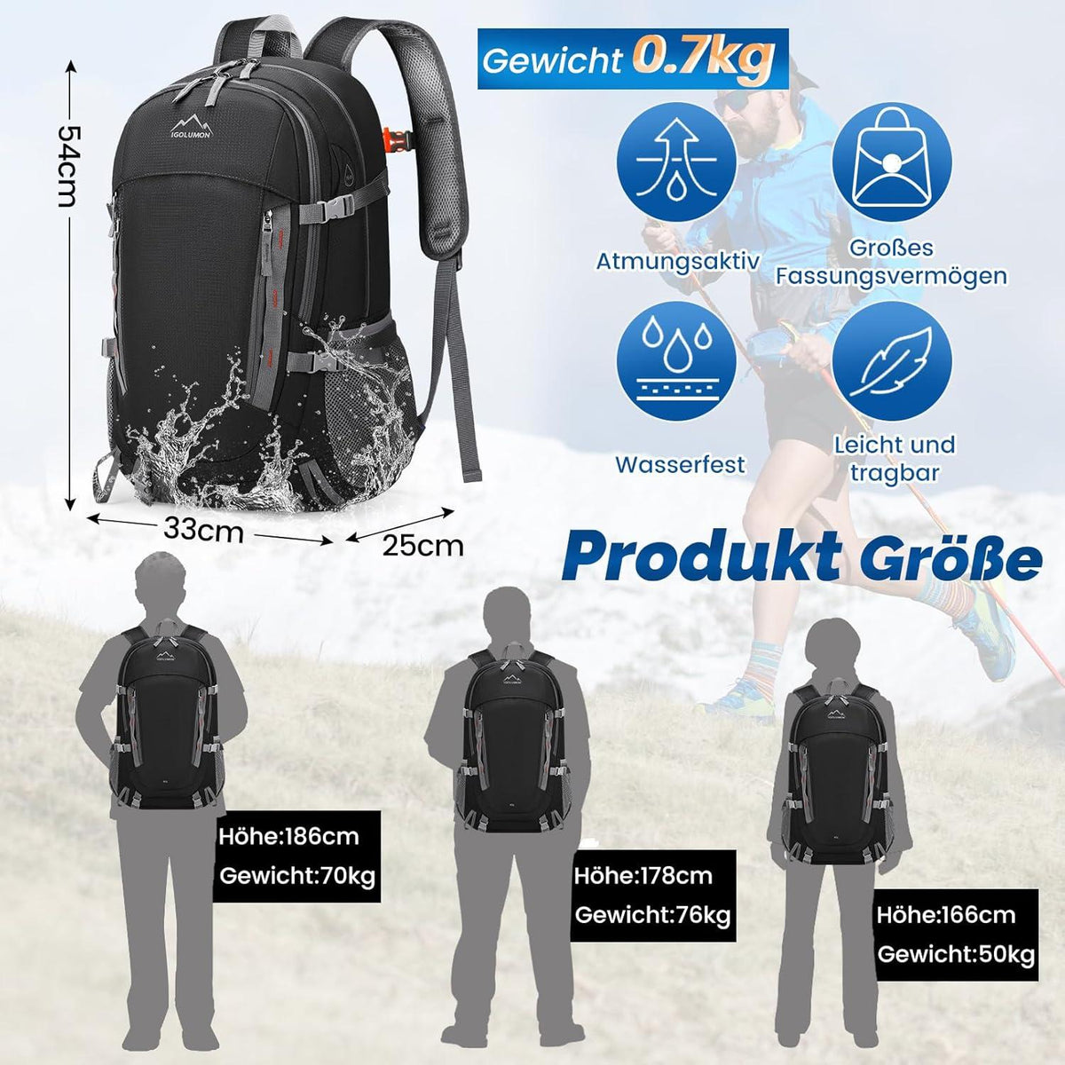Wanderrucksack 40L Wasserdichter Rucksack Schwarz Trekking Outdoor