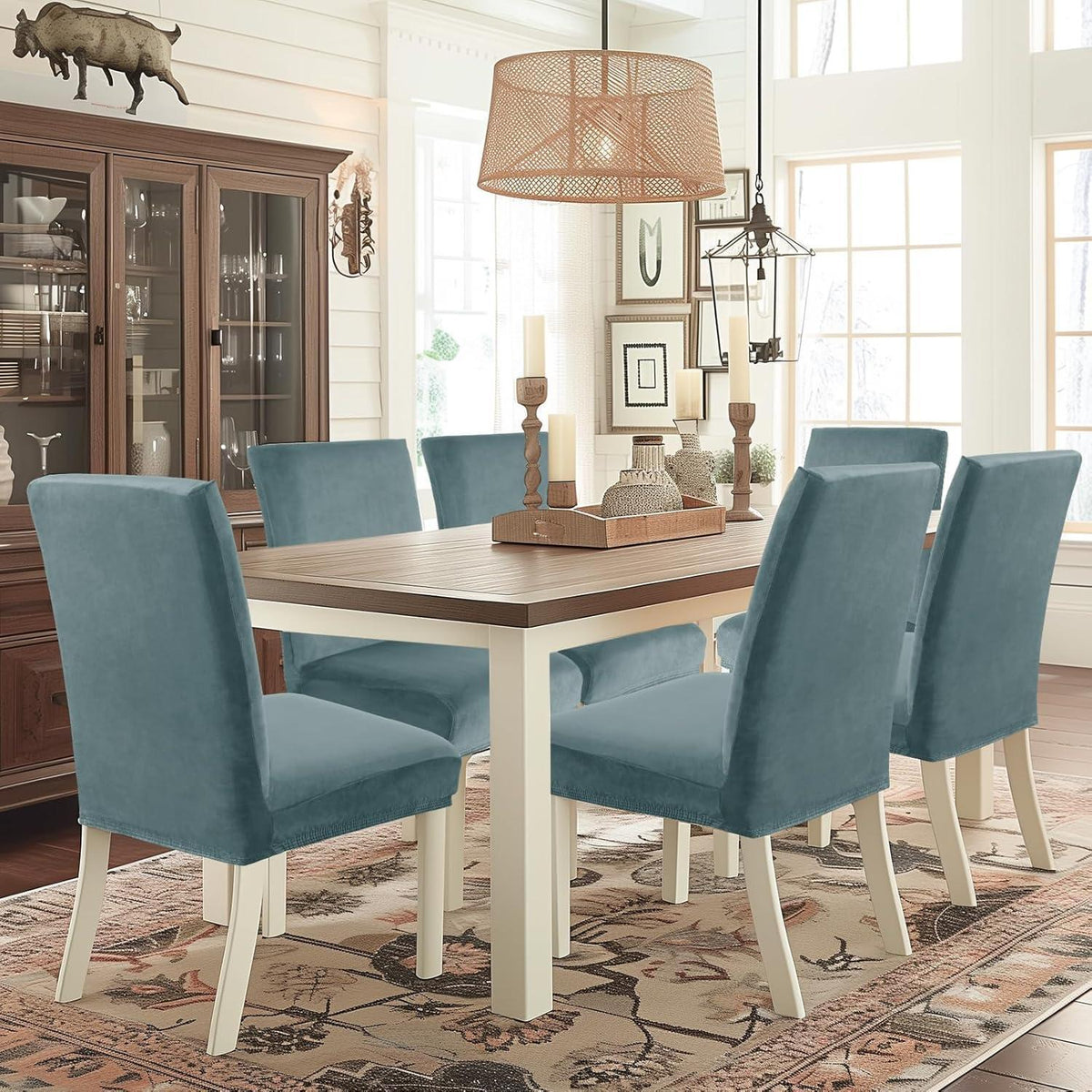 Samt Stuhlhussen 4er Set – Stretch & Waschbar Graublau