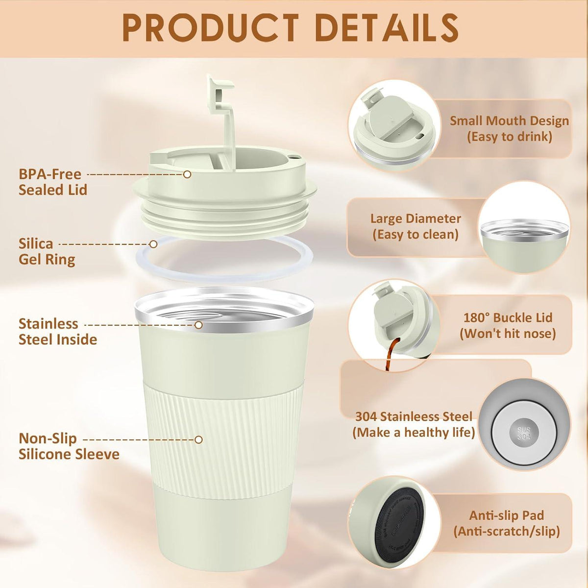 KETIEE 380ml Thermobecher Kaffee-to-go, Doppelwandig, Creme