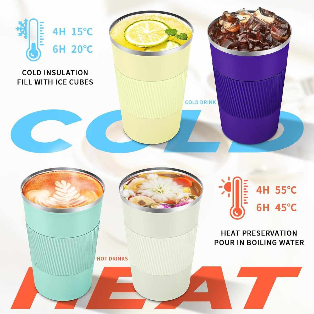Thermobecher 380ml Kaffee-to-go Becher Doppelwandig Spill-proof Deckel Creme