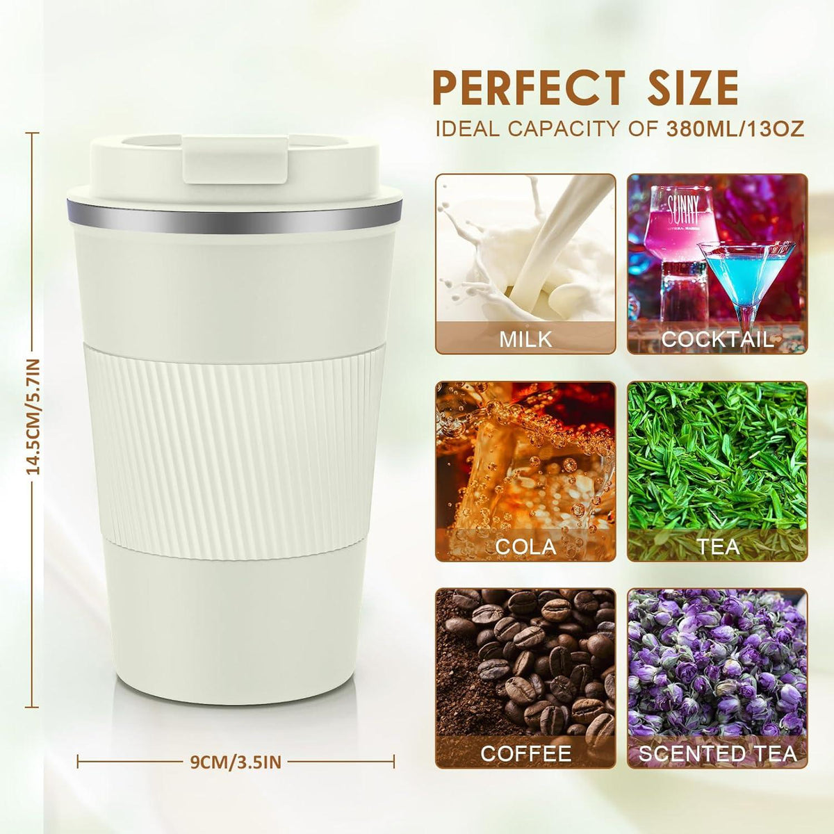 Thermobecher 380ml Kaffee-to-go Becher Doppelwandig Spill-proof Deckel Creme