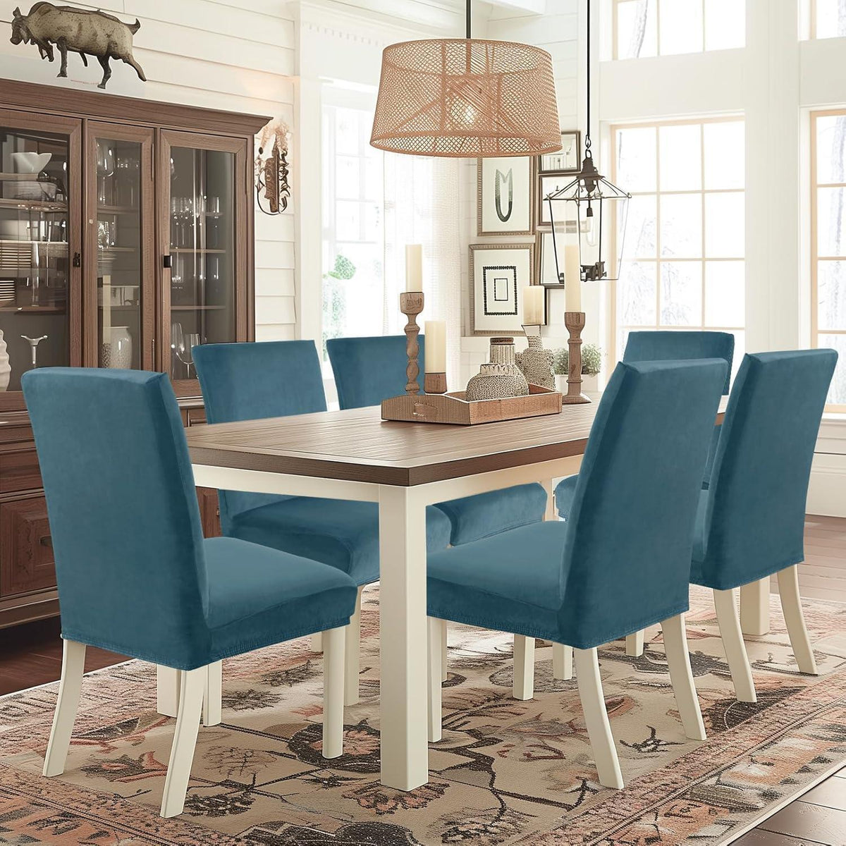 Samt Stuhlhussen 4er Set – Stretch & Waschbar, Pfau Blau