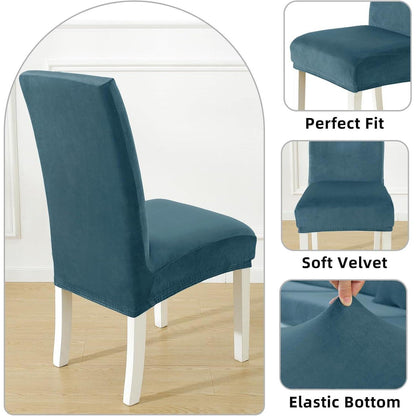 Samt Stuhlhussen 4er Set – Stretch & Waschbar, Pfau Blau