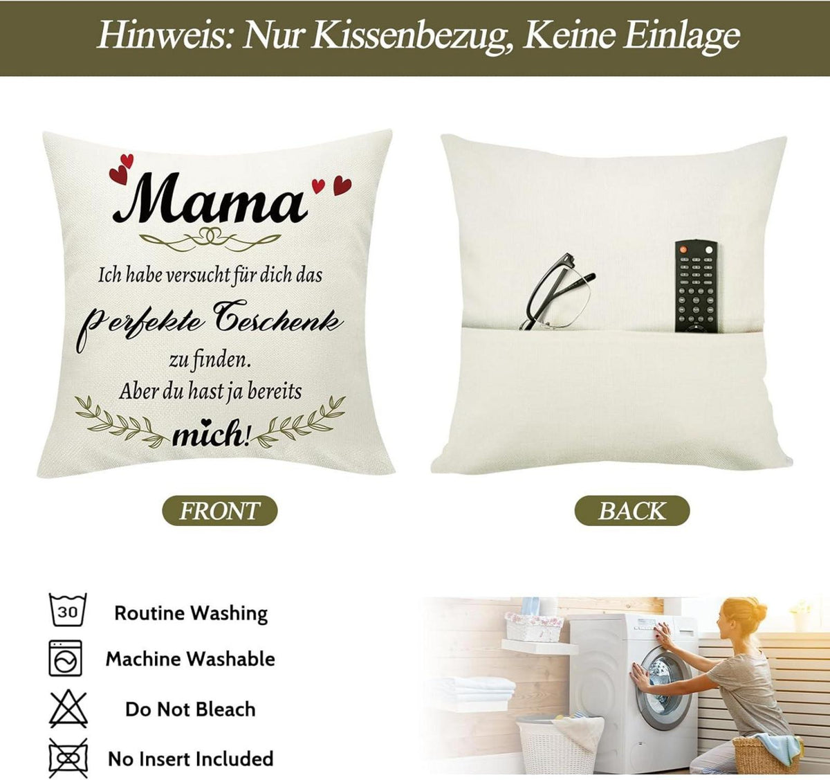 Sunia Kissenbezüge 45x45cm für Mama, Weihnachtsgeschenk, Muttertag, Dekokissen mit Taschen