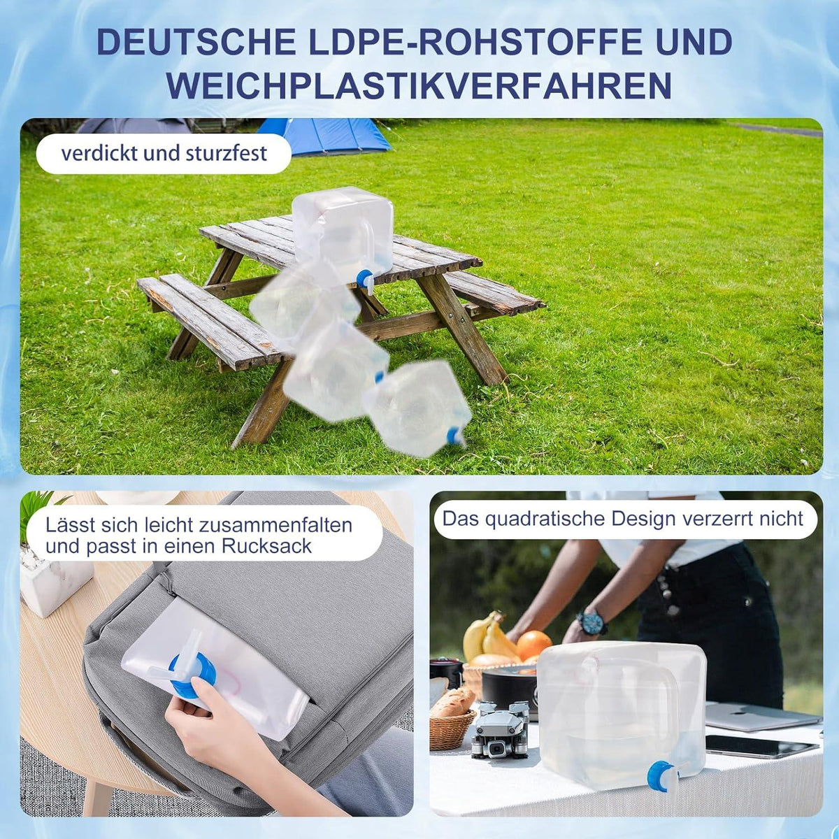Faltbarer Wasserkanister 20L mit auslaufsicherem Hahn, Camping