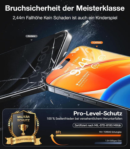 TORRAS iPhone 15 Pro Max Panzerglas Schutzfolie 9H+ 2 Stück Transparent
