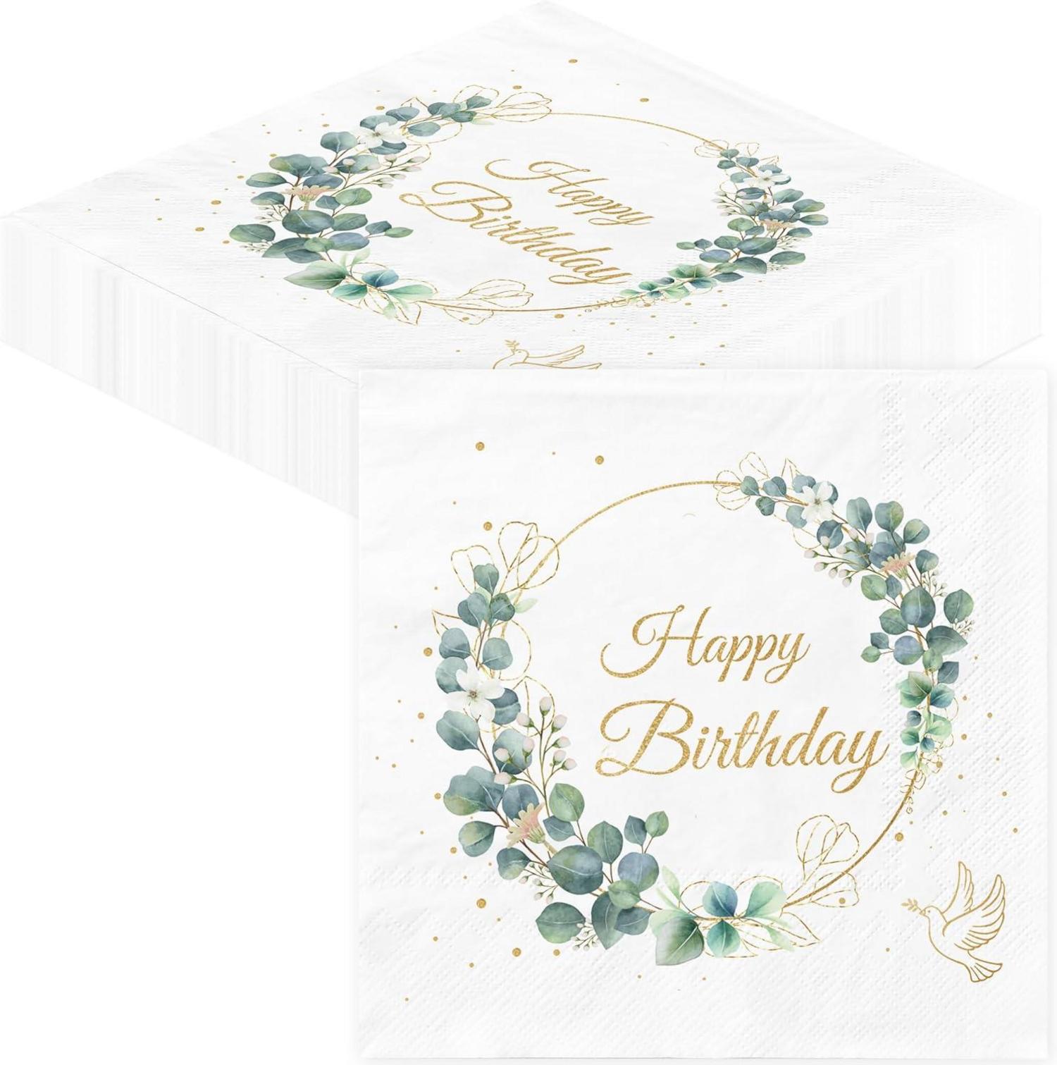 3-lagige Happy Birthday Servietten, Eukalyptus Grün, 40 Stück