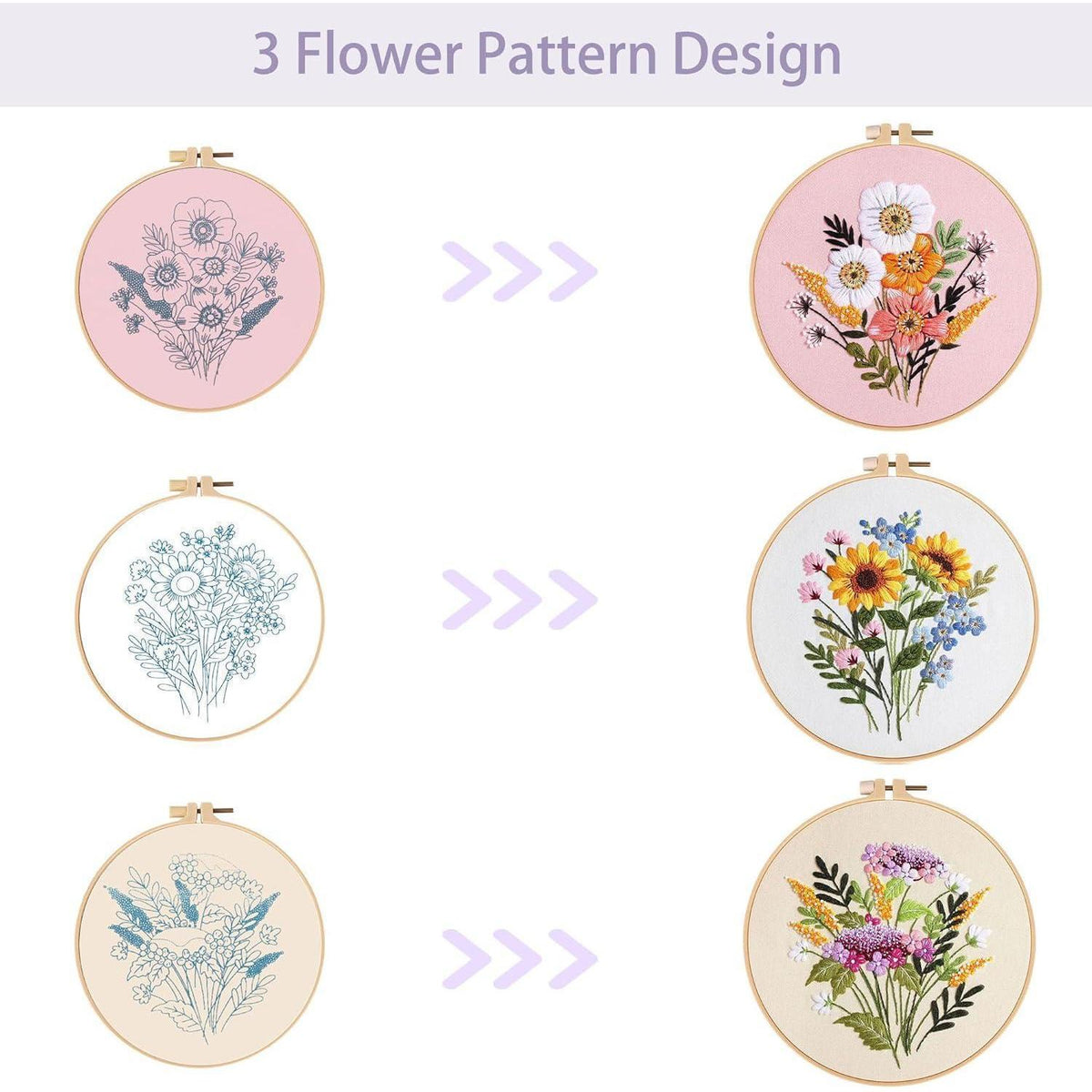 3er-Set Stickerei für Anfänger mit Blumen & Zubehör