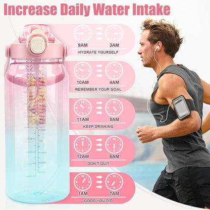 Fitness Trinkflasche 2L mit Strohhalm und Früchtebehälter, Rosa