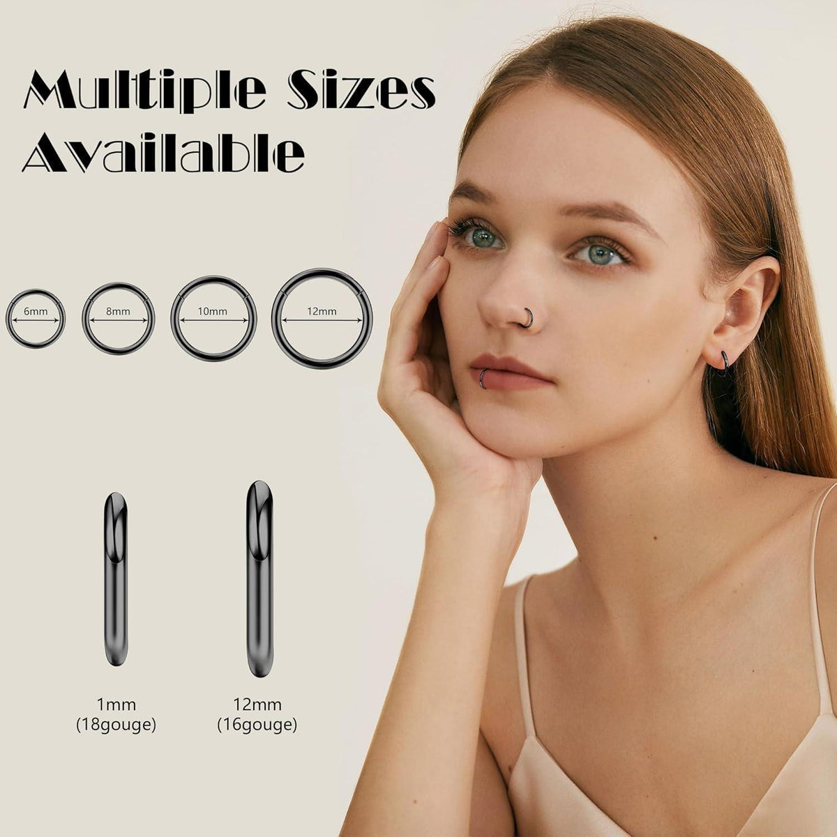 8er Set Nasenpiercing Ringe 16G/18G Chirurgenstahl Septum Clicker Gold Silber Schwarz