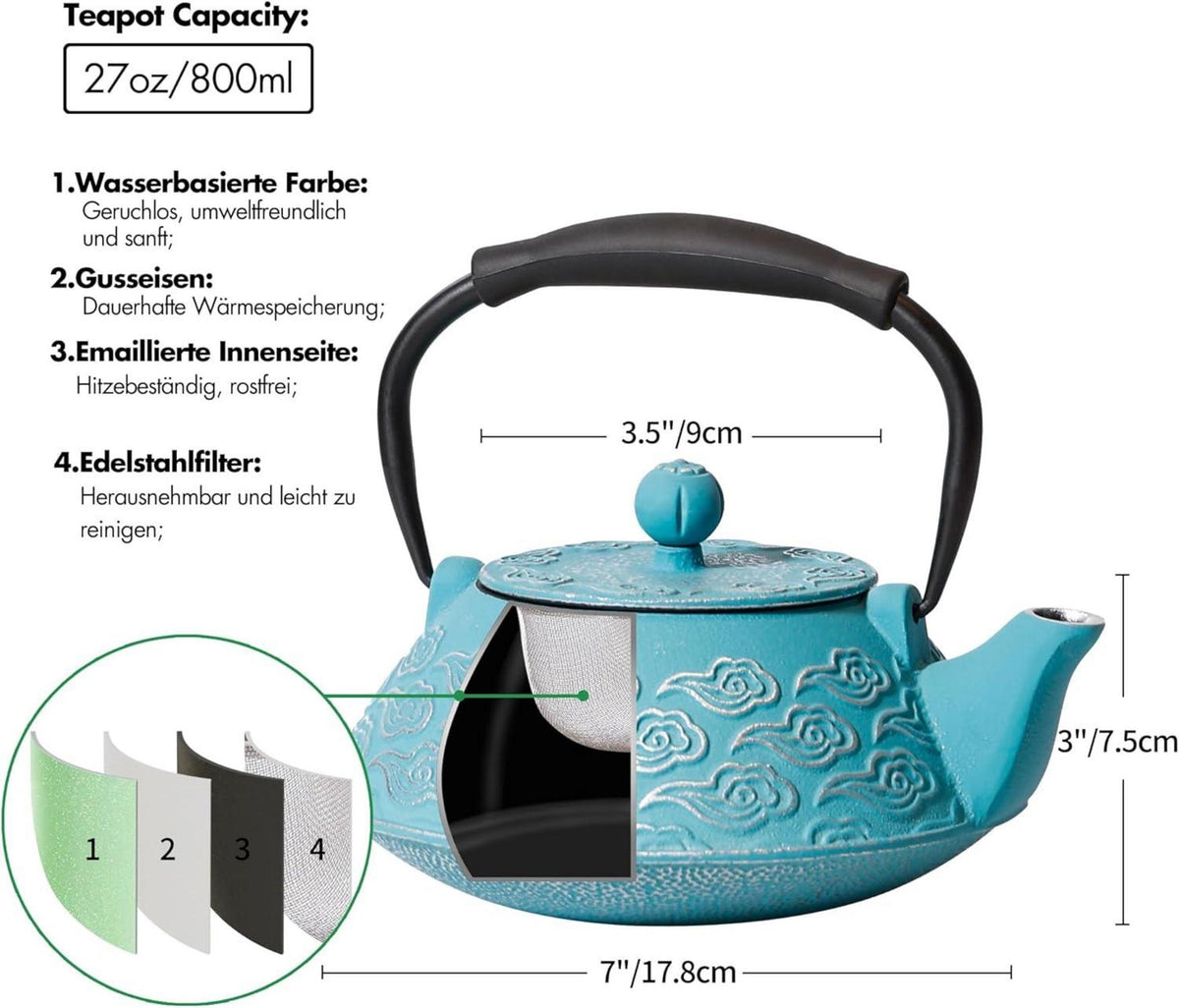 Japanische Teekanne Gusseisen mit Teesieb 800 ml Wolkenmuster Sky-blue