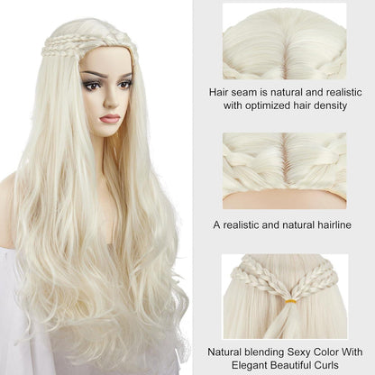 Khaleesi Cosplay Perücke – Lange, gewellte Zöpfe, Hellblond