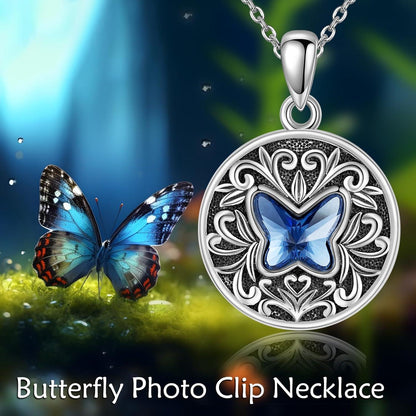 Schmetterling Kristall Halskette 925 Silber Foto Herz Anhänger