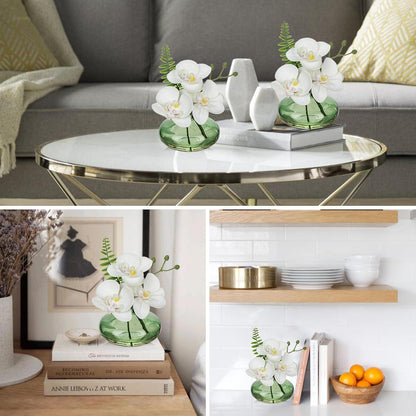 Kunstorchideen Set 3-teilig mit Glasschale Dekoblumen weiß grüner Vase