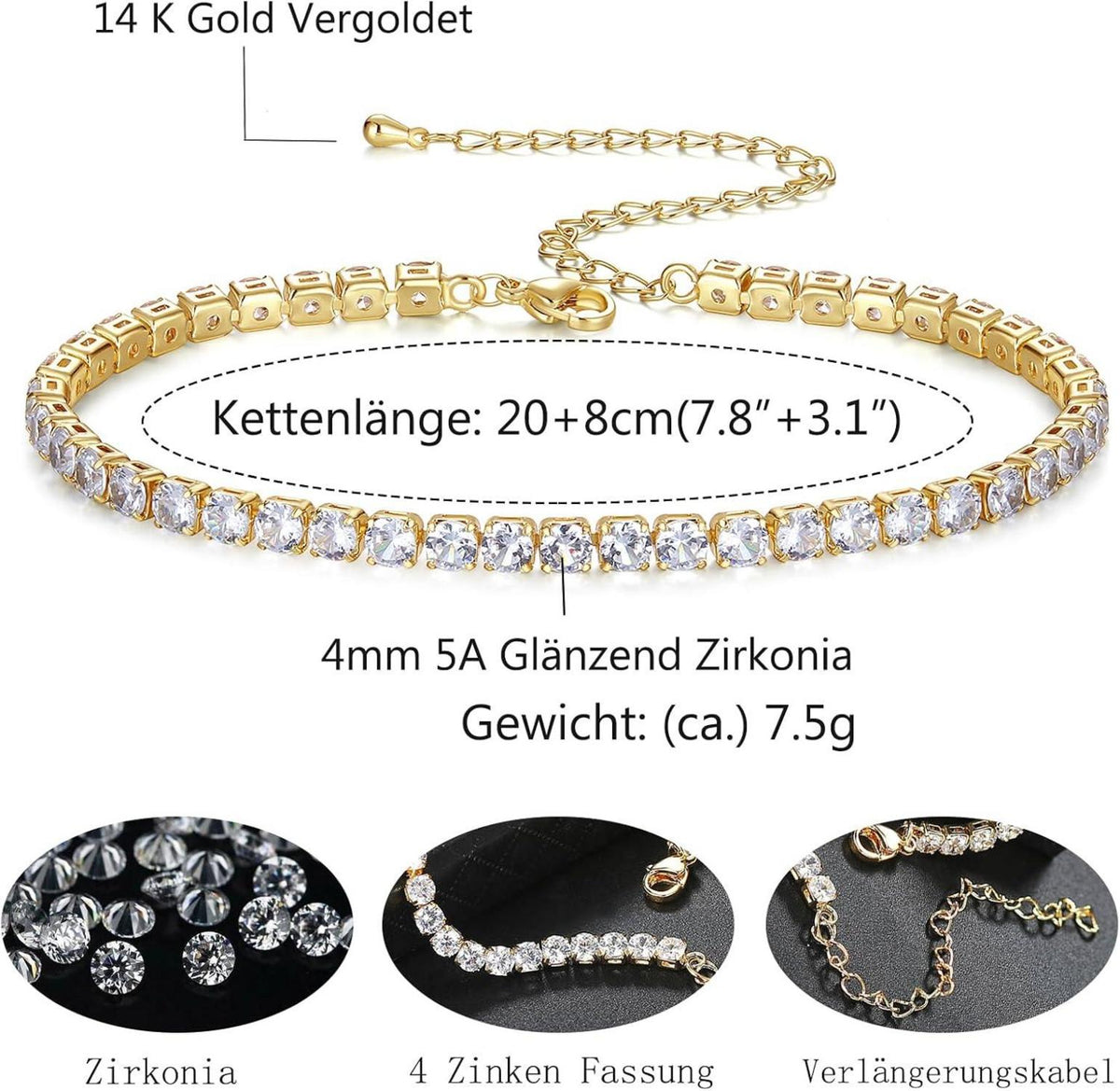 Tennis Fußkettchen für Damen 18K Weißgold Zirkonia