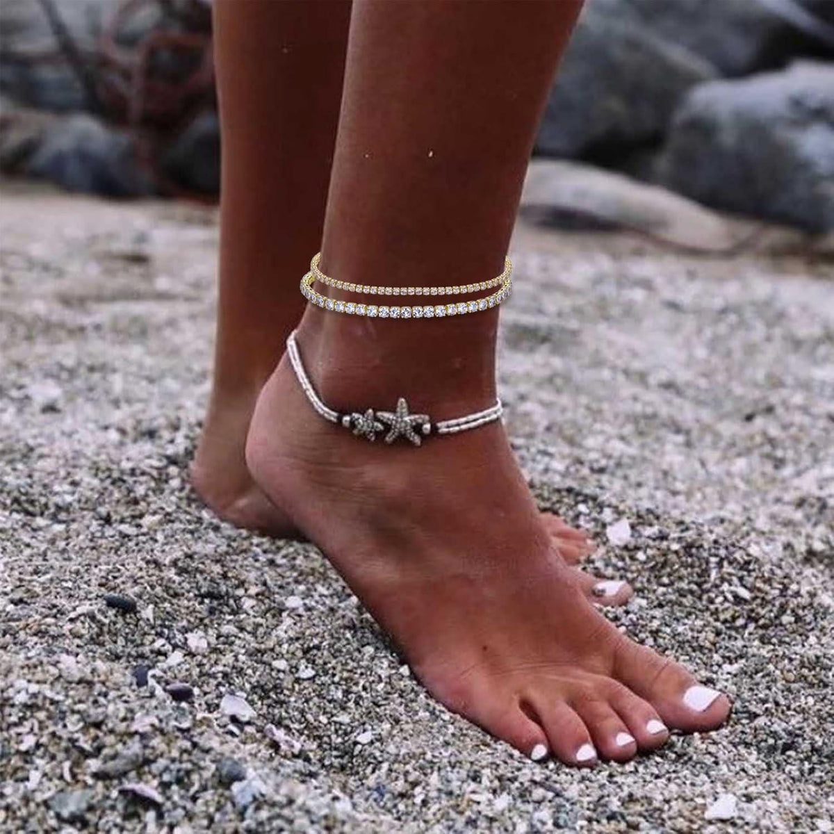Tennis Fußkettchen Damen 18K Weißgold Vergoldet Zirkonia Strand Schmuck