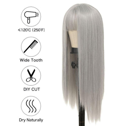 Lange graue Perücke mit Pony – Synthetisch & Hitzebeständig