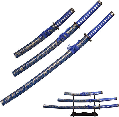 Samurai Schwert Set Kohlenstoffstahl Blau 3er FullTang 1045
