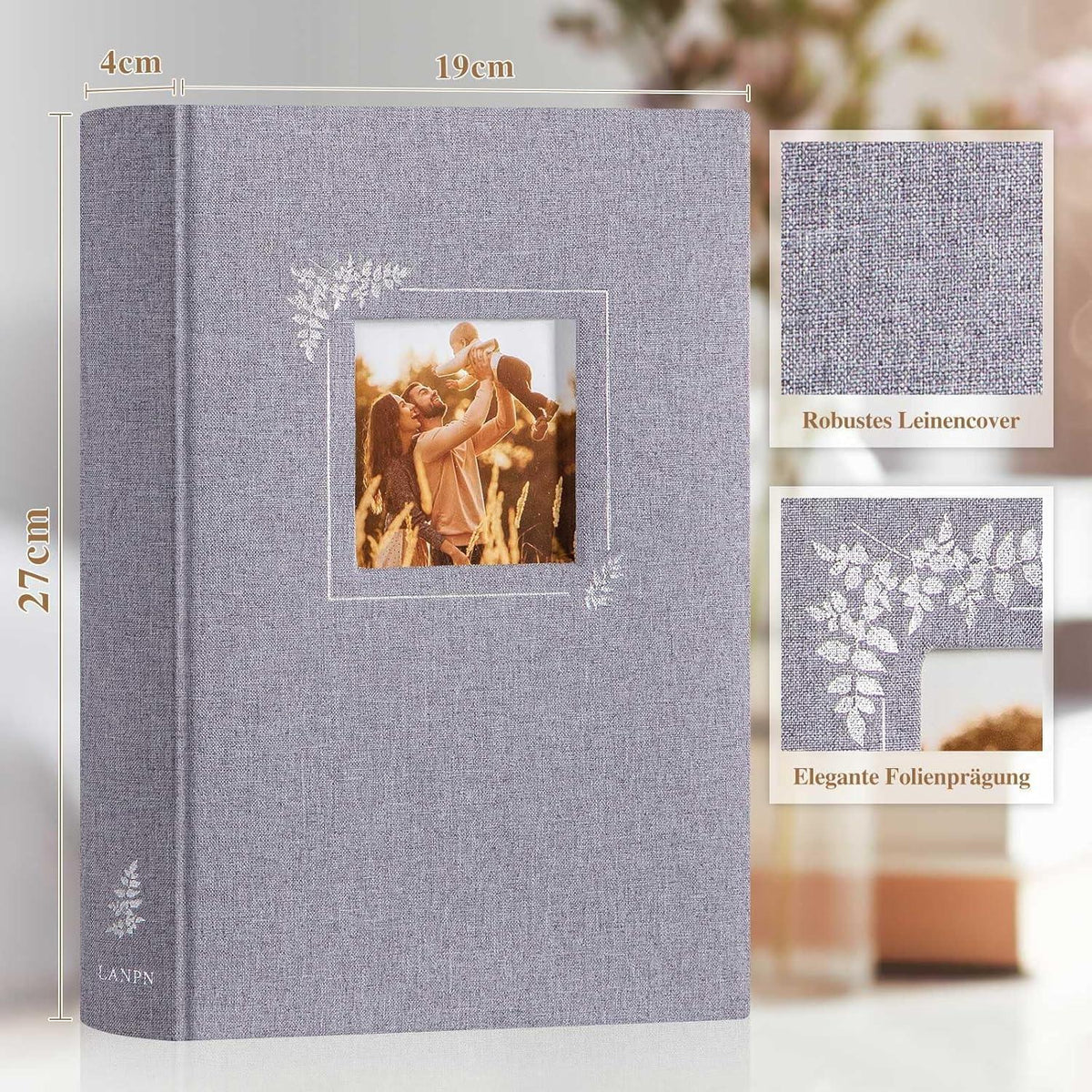 Leinen Fotoalbum zum Selbstgestalten mit Fensterdesign, Grau