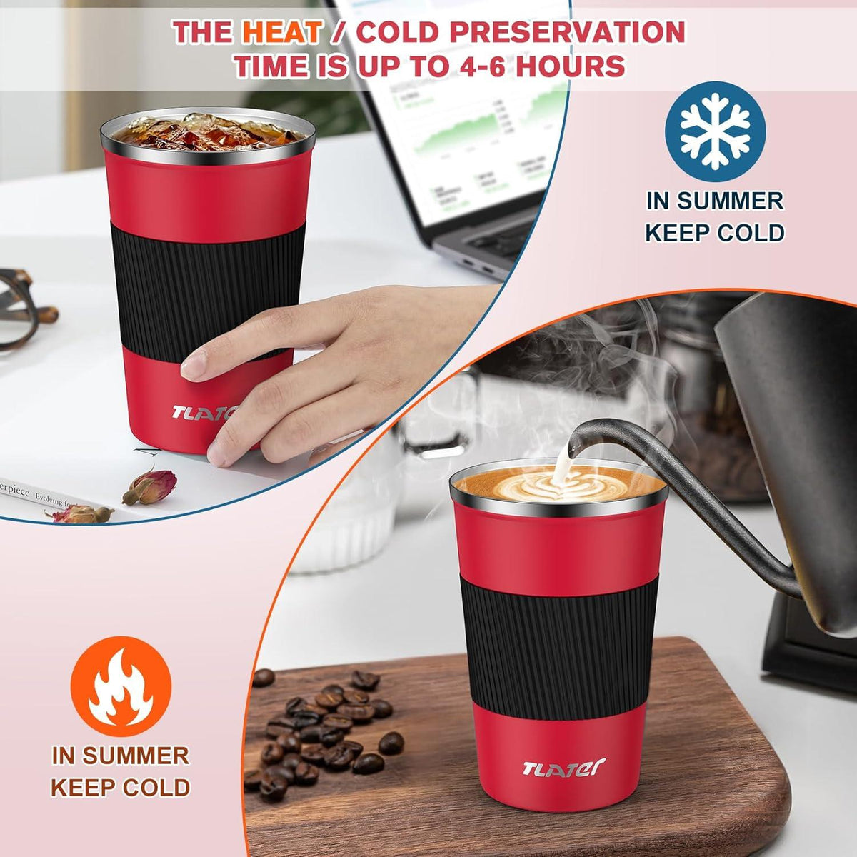 Tlater 380ml Stainless Steel Travel Coffee Mug Leak-proof Thermal