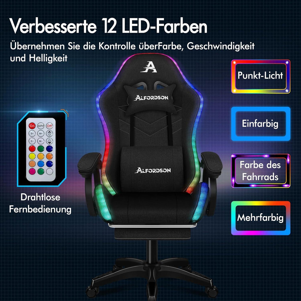 ALFORDSON Gaming Stuhl mit 8-Punkt Massage und RGB LED-Licht, Bürostuhl Ergonomisch, Fußstützen, Stoffmaterial