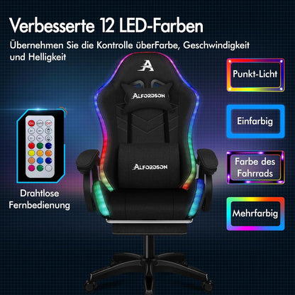 ALFORDSON Gaming Stuhl mit 8-Punkt Massage und RGB LED-Licht, Bürostuhl Ergonomisch, Fußstützen, Stoffmaterial